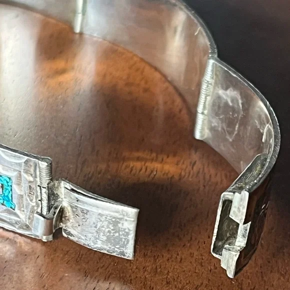GM 10 MEXICO 925 STERLING SILVER TURQUOISE INLAY Hinge BRACELET 6.75” clasp 22g - Picture 12 of 16